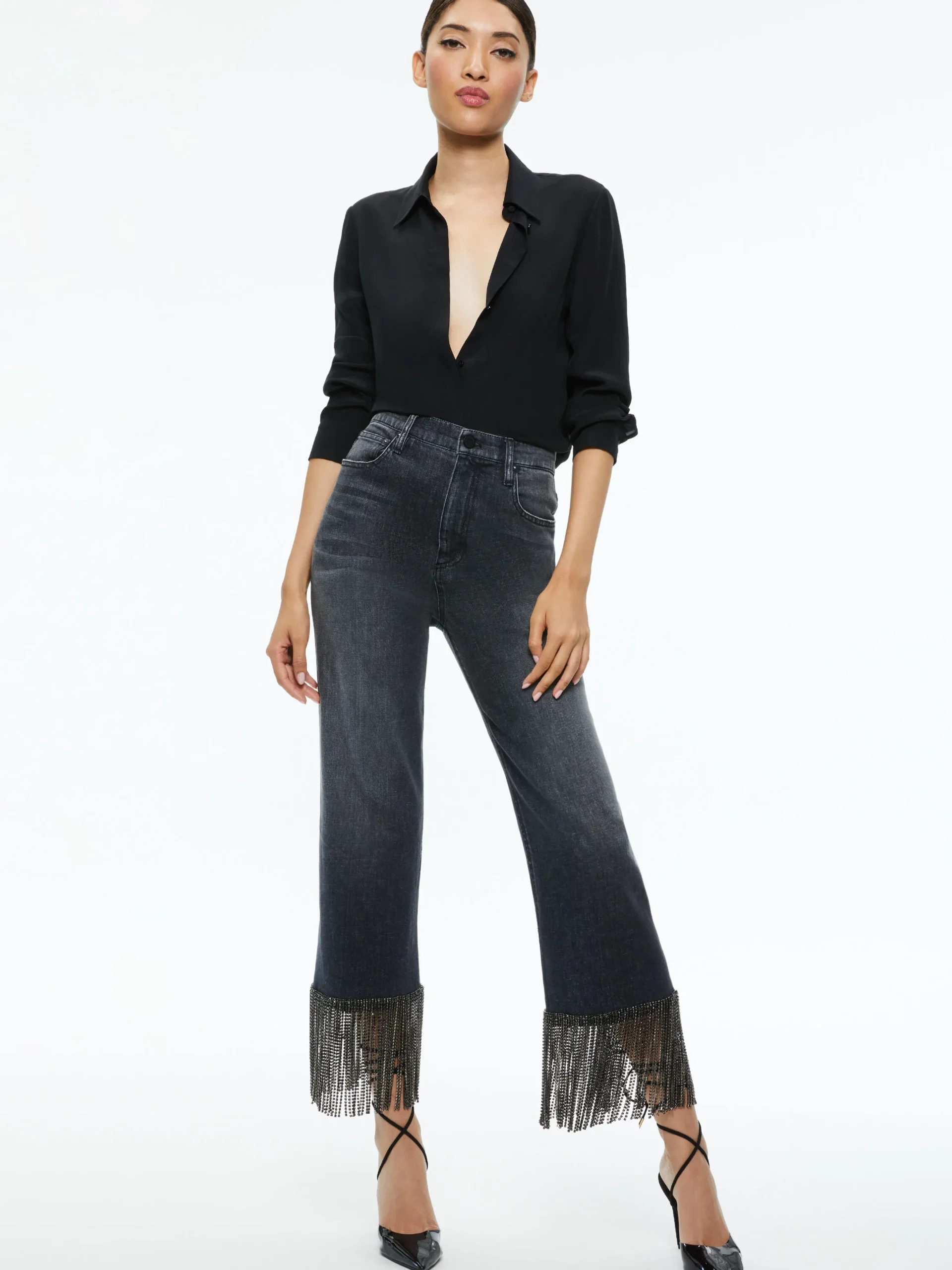 AMAZING CRYSTAL FRINGE HEM JEAN