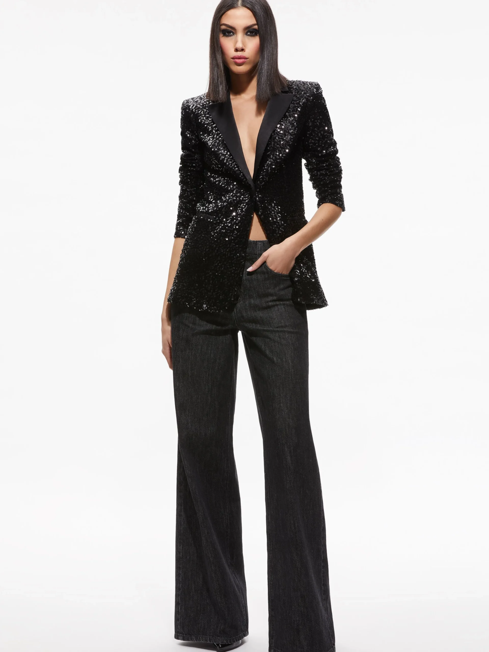 BREANN SEQUIN FITTED BLAZER + LARA SEQUIN BOOTCUT PANT