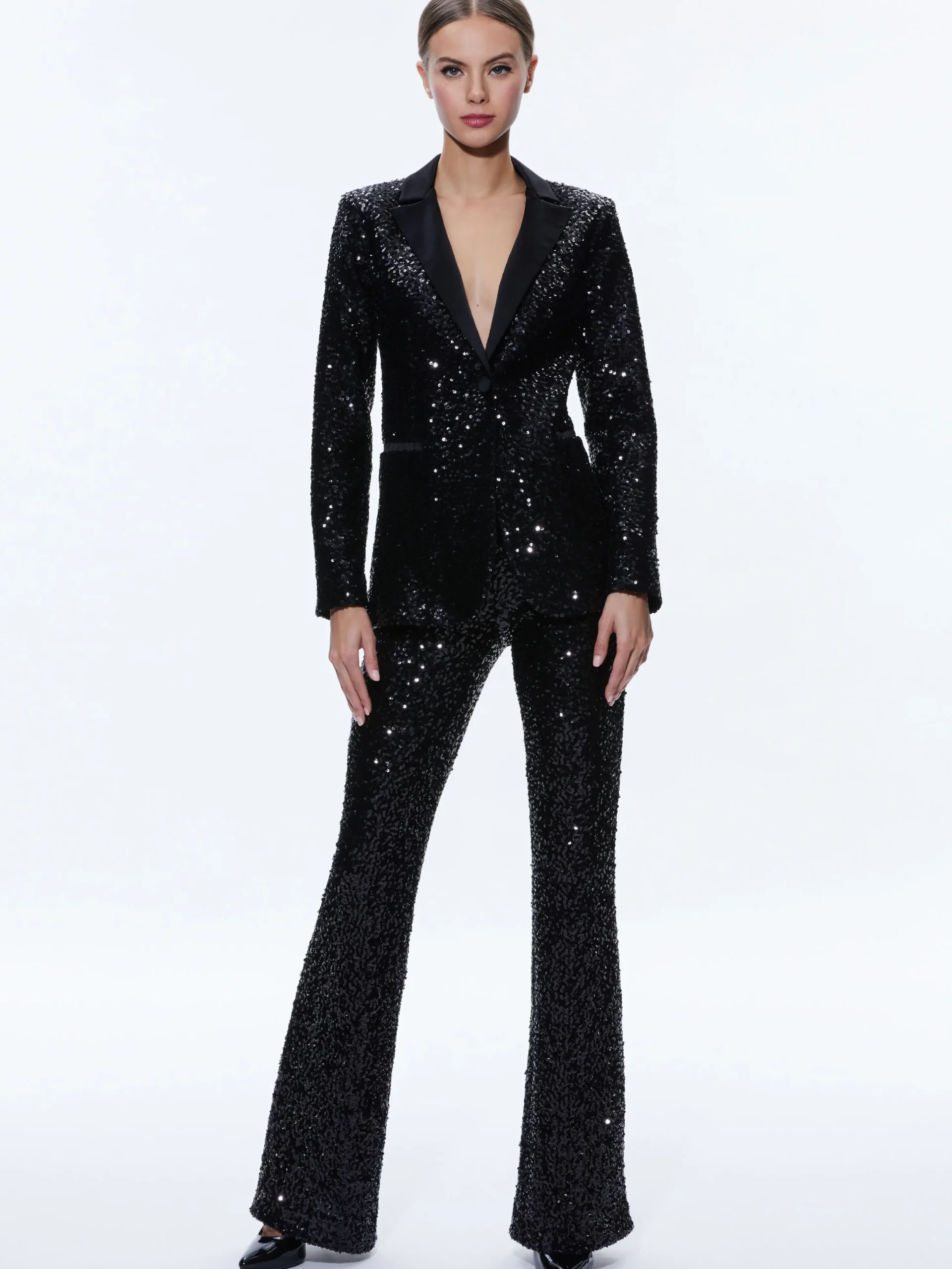 BREANN SEQUIN FITTED BLAZER + LARA SEQUIN BOOTCUT PANT