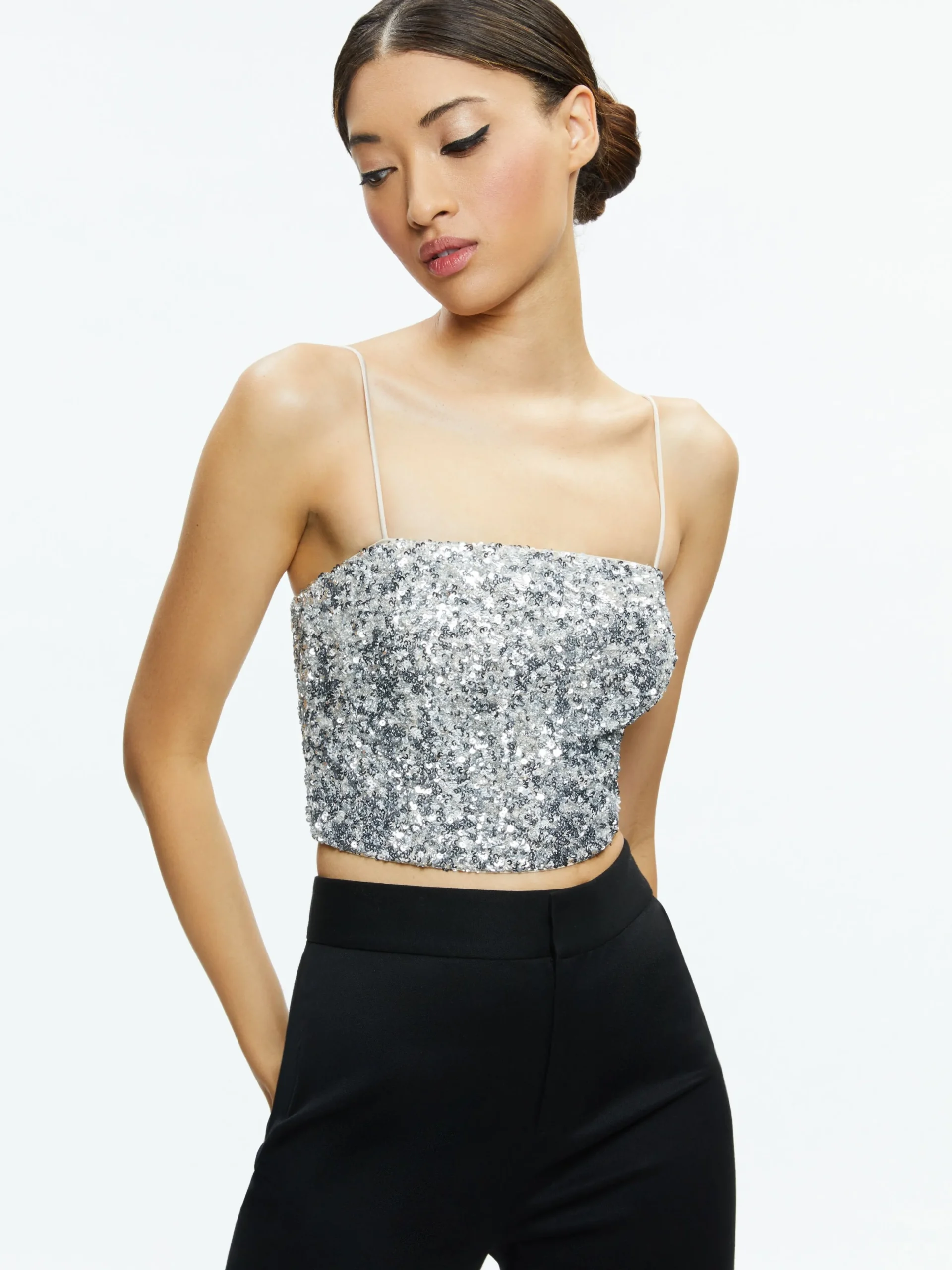 CERESI SEQUIN BANDEAU CROP TOP + MAEVE SEQUIN SLIP SKIRT