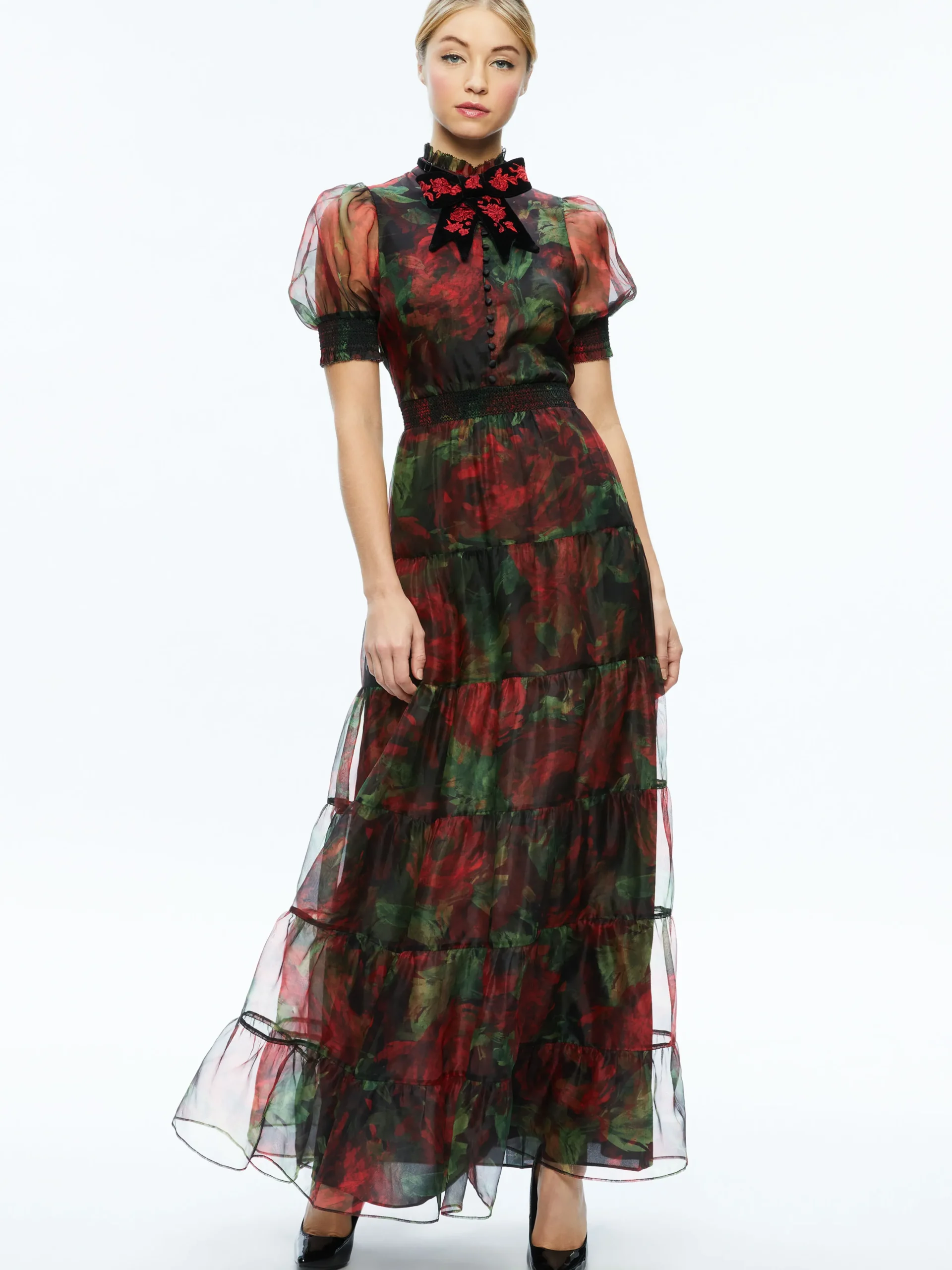 COLETTA BOW NECK BUTTON FRONT MAXI DRESS