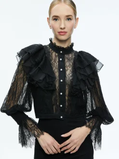 DELPHA RUFFLE LACE BLOUSON SLEEVE CROPPED TOP