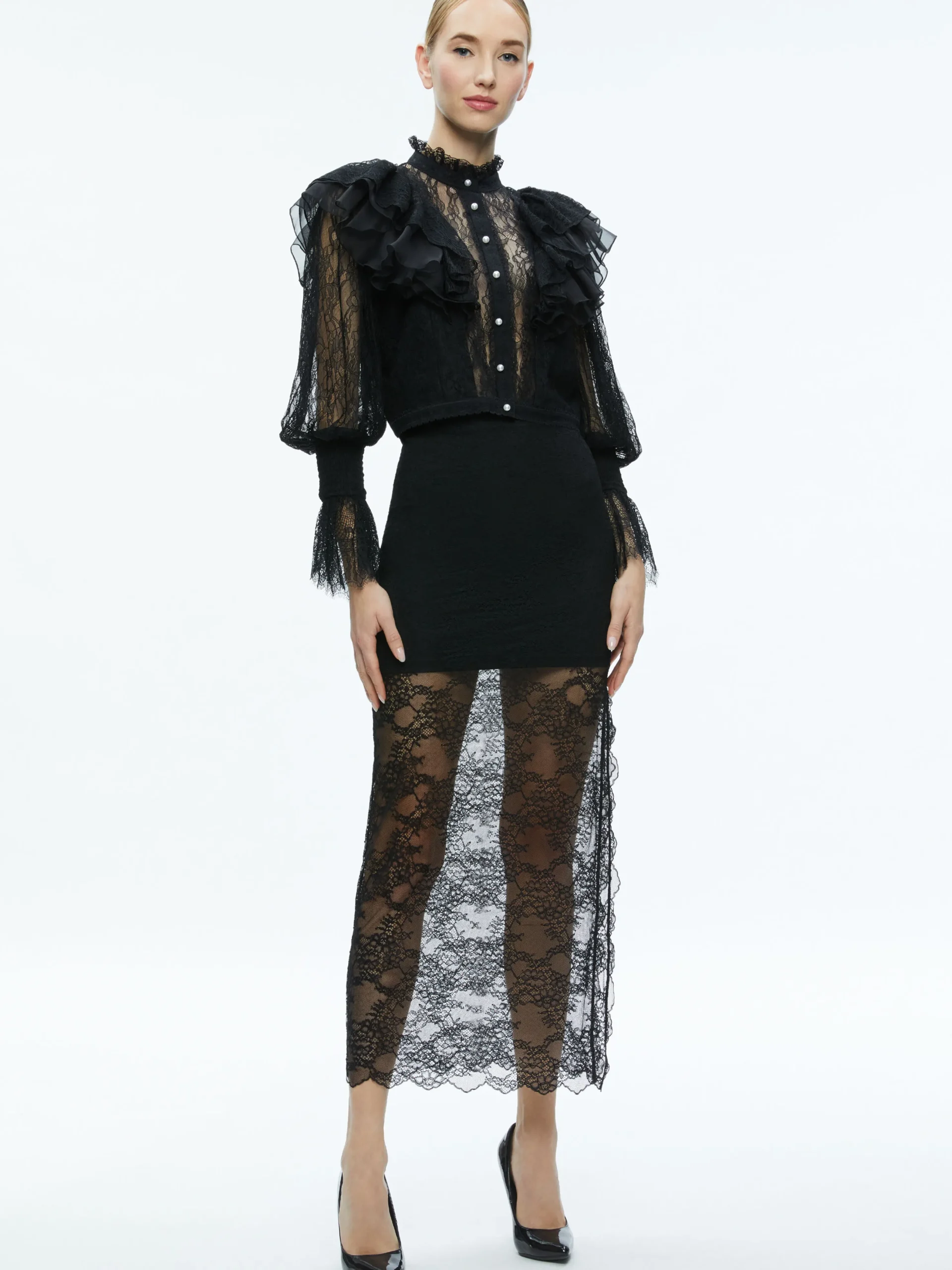 DELPHA RUFFLE LACE BLOUSON SLEEVE CROPPED TOP