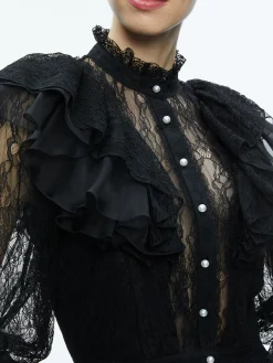 DELPHA RUFFLE LACE BLOUSON SLEEVE CROPPED TOP