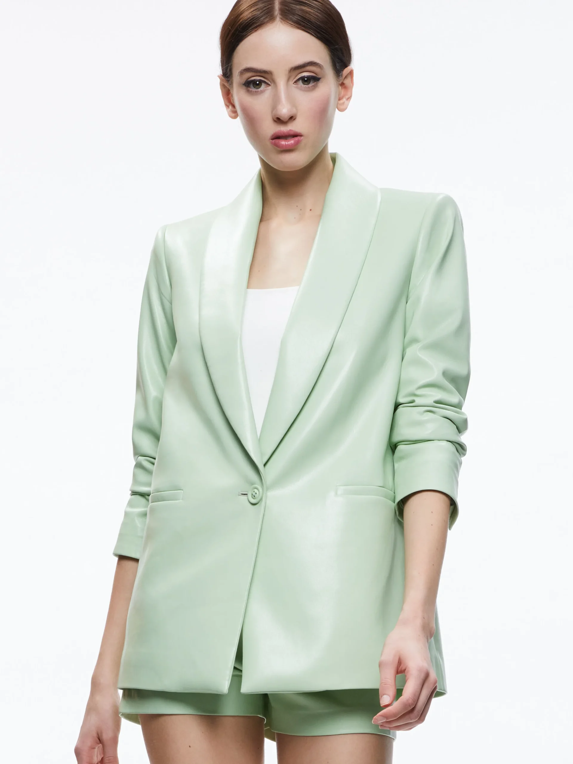 DENNY VEGAN LEATHER SHAWL COLLAR BLAZER + OLIVIA VEGAN LEATHER SHORT