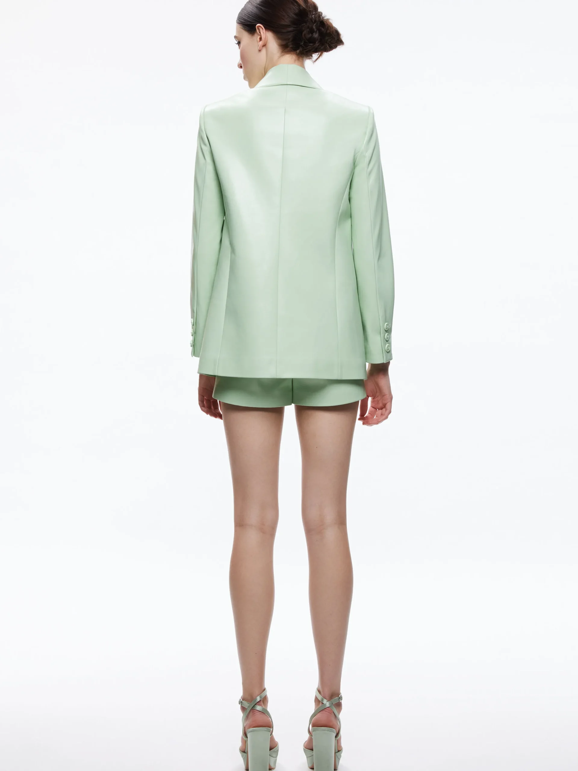 DENNY VEGAN LEATHER SHAWL COLLAR BLAZER + OLIVIA VEGAN LEATHER SHORT