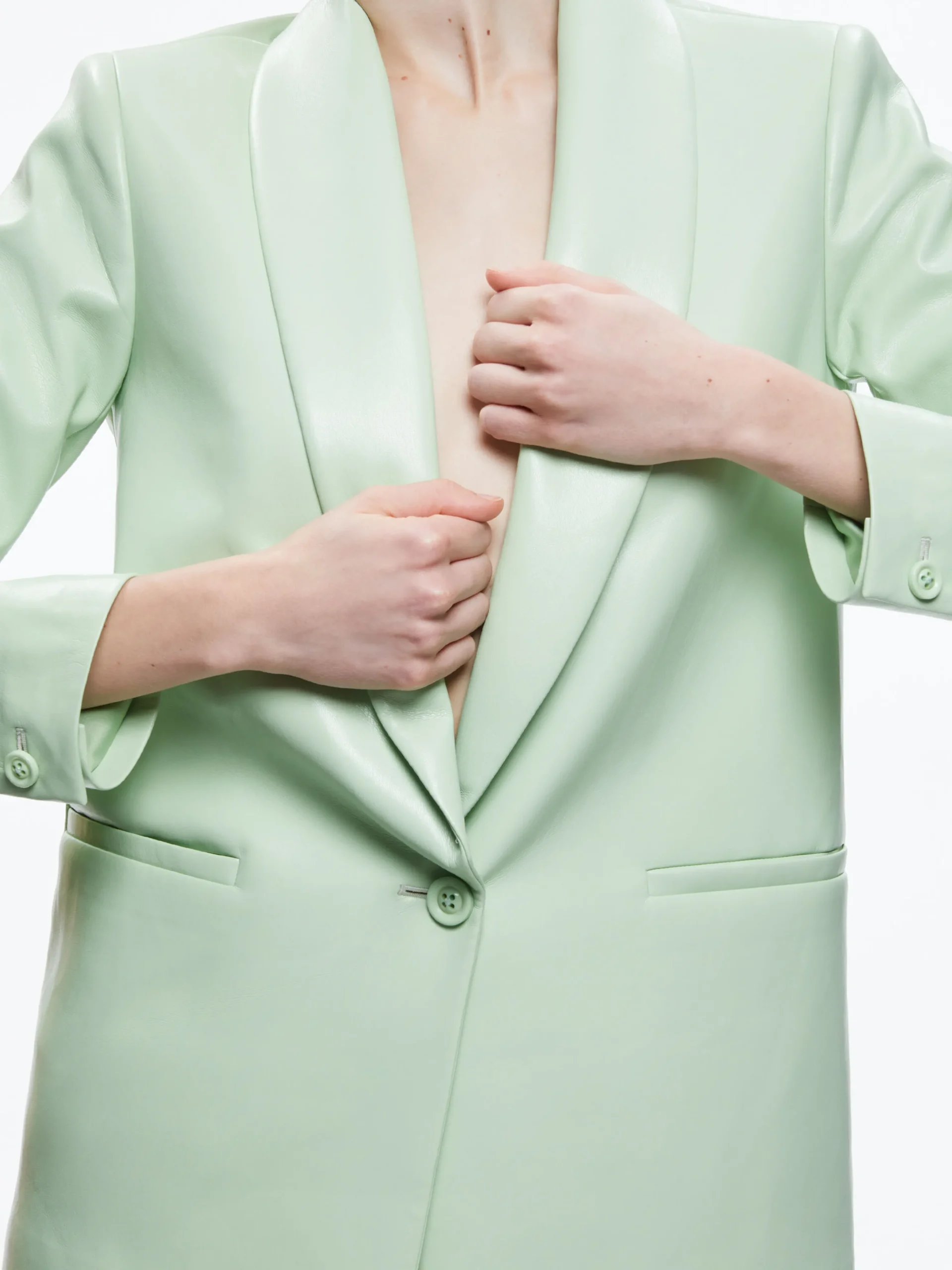 DENNY VEGAN LEATHER SHAWL COLLAR BLAZER + OLIVIA VEGAN LEATHER SHORT
