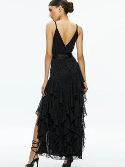 EMELIA V-NECK EYELET RUFFLE MAXI DRESS