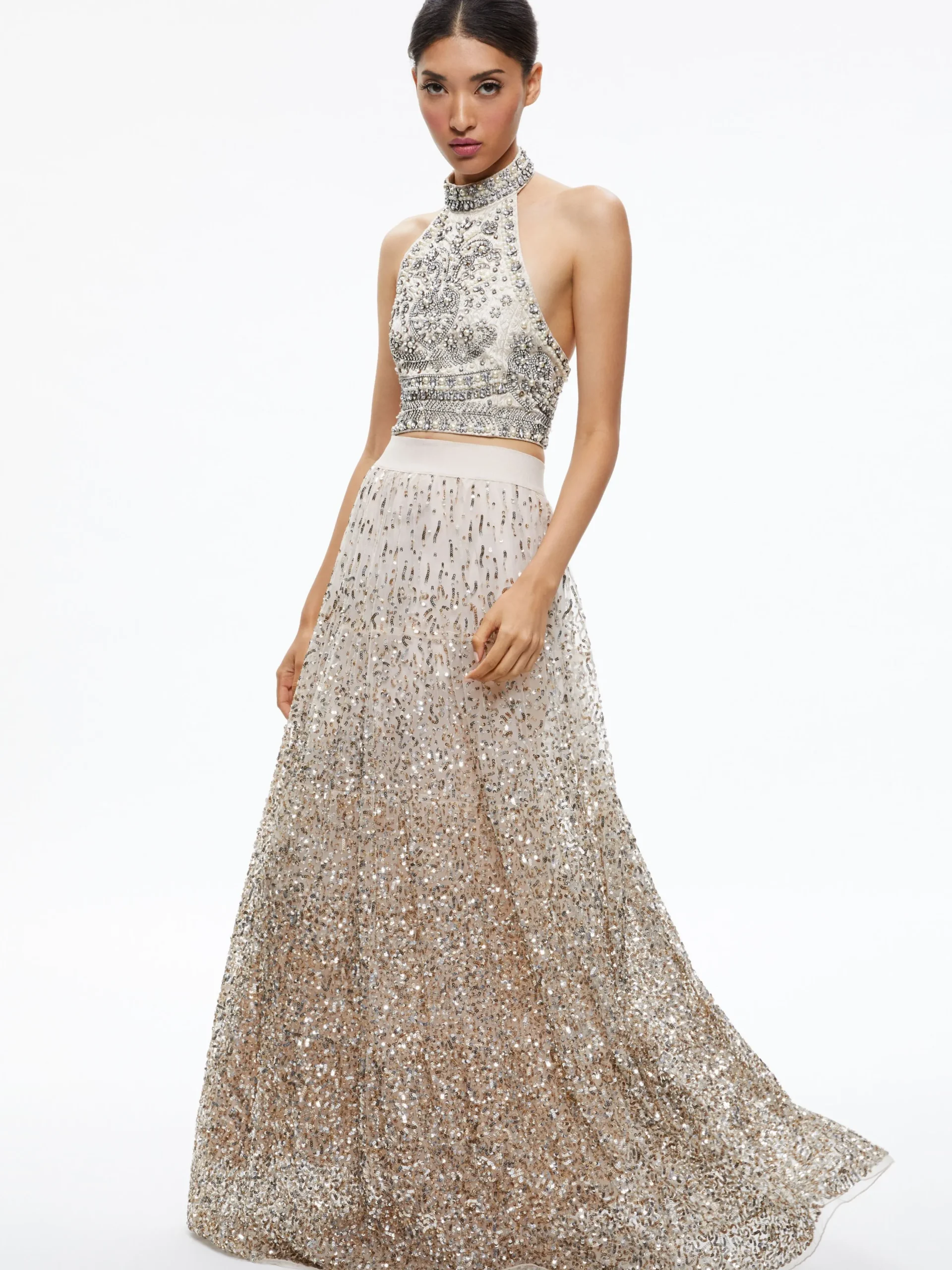 GATZ EMBELLISHED HIGH NECK TOP + CATRINA EMBELLISHED GOWN MAXI SKIRT