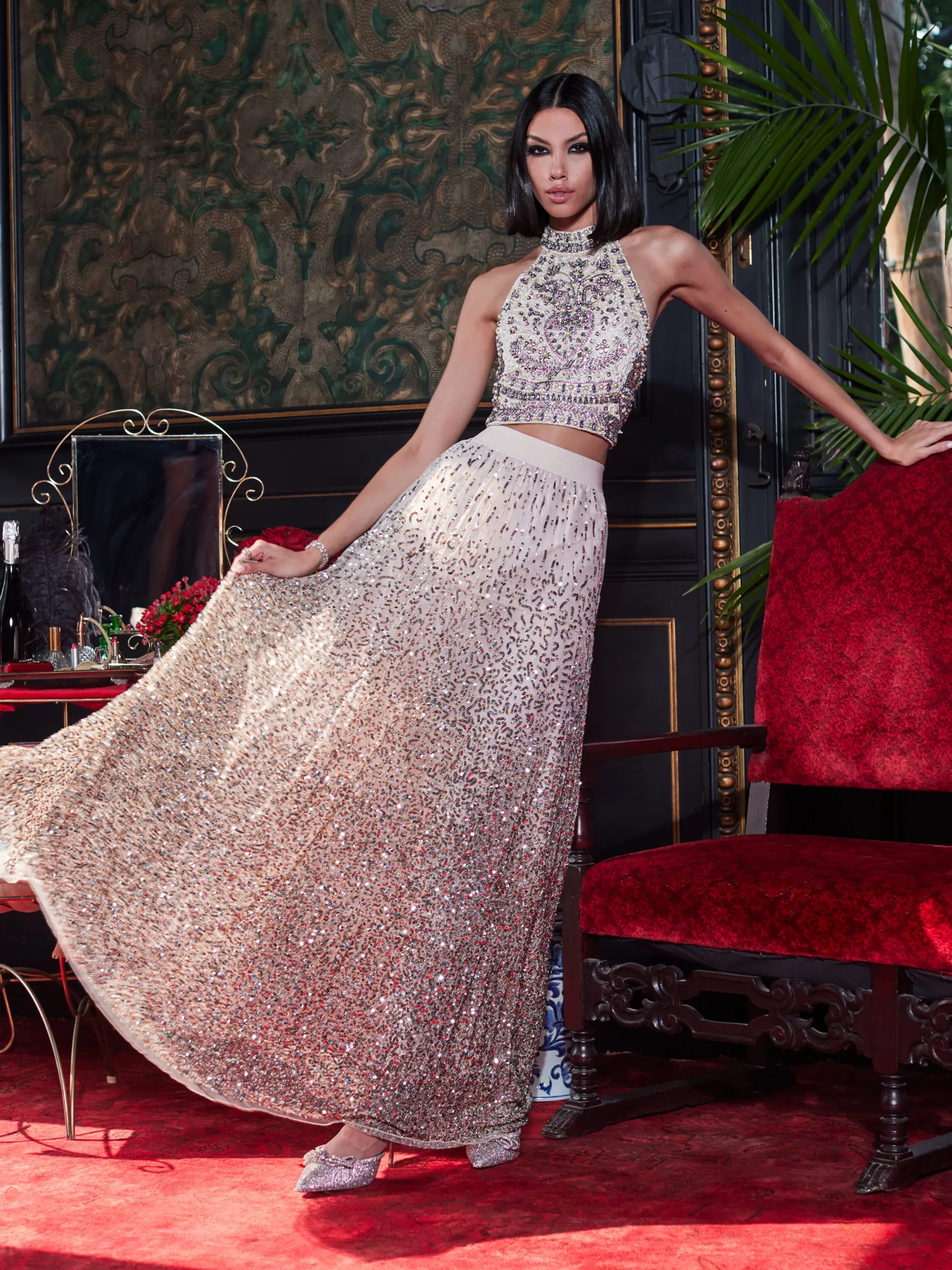 GATZ EMBELLISHED HIGH NECK TOP + CATRINA EMBELLISHED GOWN MAXI SKIRT