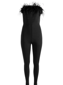 IDELL OFF SHOULDER FEATHER TRIM JUMPSUIT