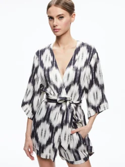 IKAT PRINT DOMINO KIMONO WITH TIE BELT + ASH TIE NECK HALTER TOP + TANDY SHORTS