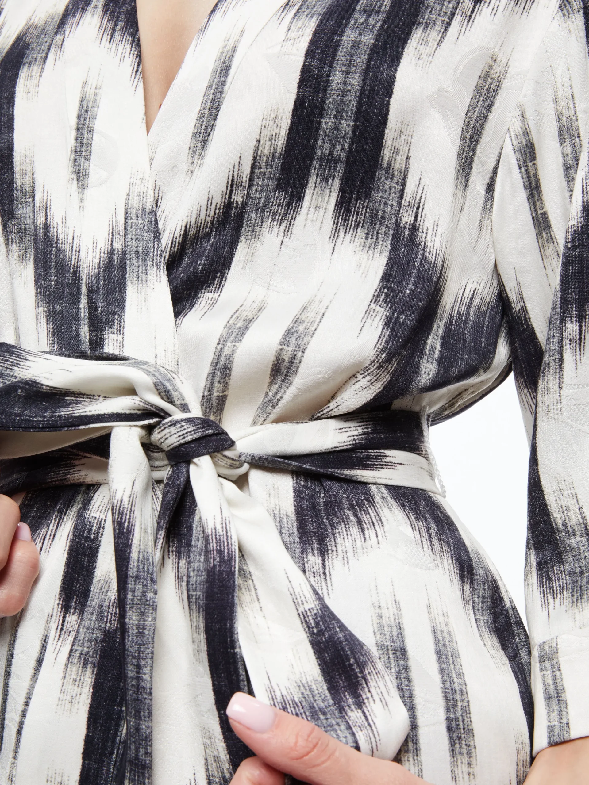 IKAT PRINT DOMINO KIMONO WITH TIE BELT + ASH TIE NECK HALTER TOP + TANDY SHORTS
