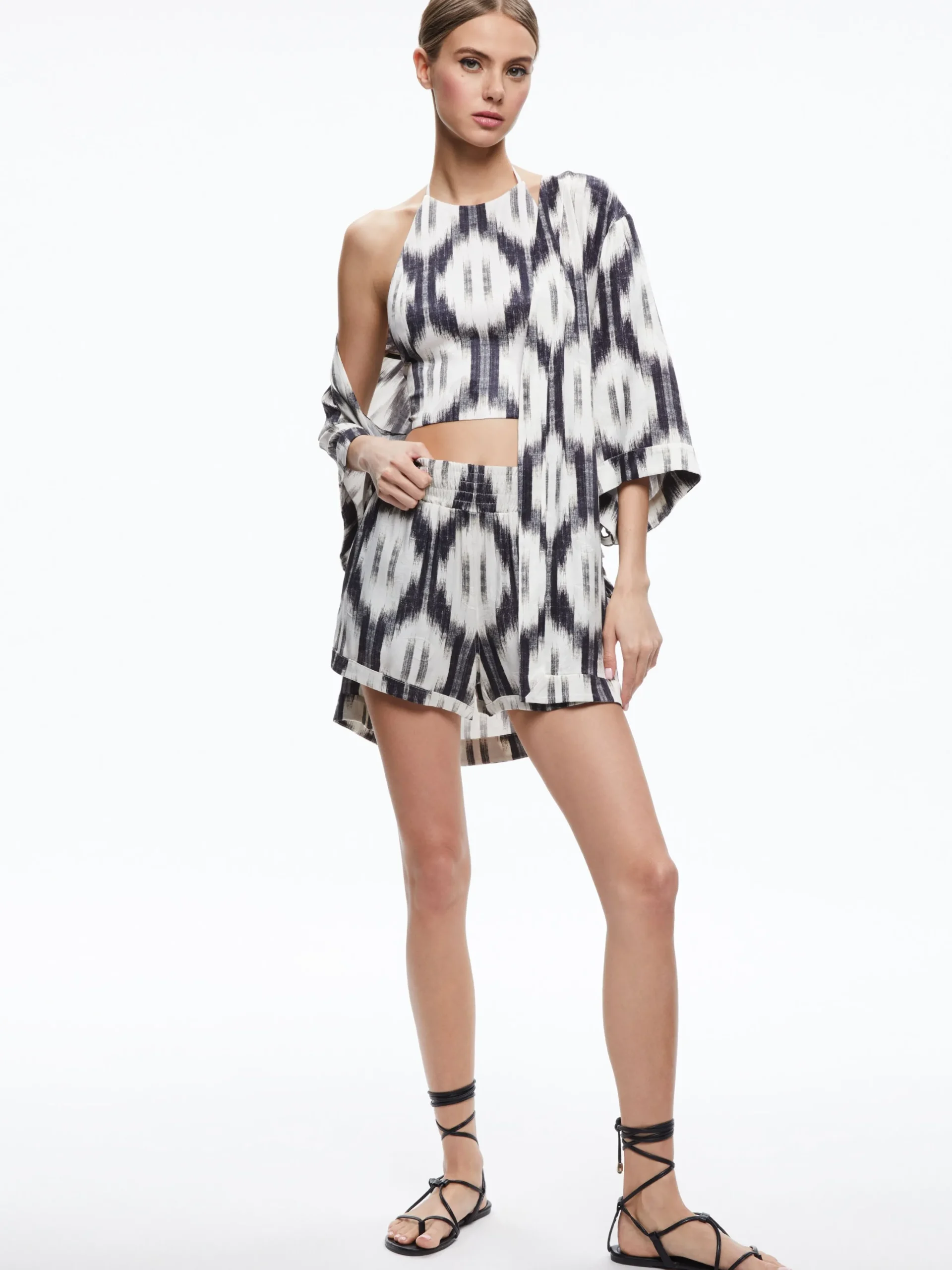 IKAT PRINT DOMINO KIMONO WITH TIE BELT + ASH TIE NECK HALTER TOP + TANDY SHORTS