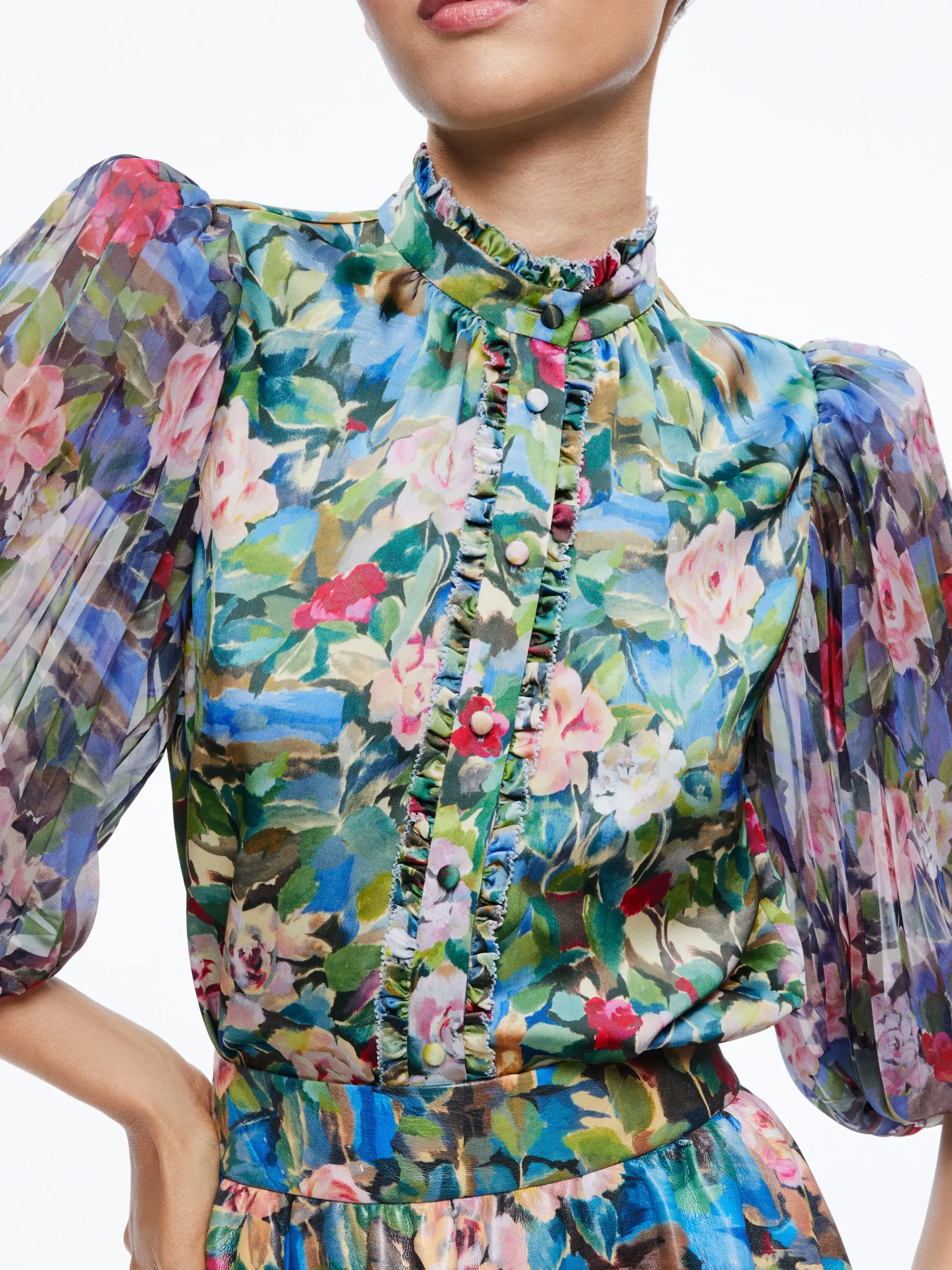 ILAN SMOCKED SLEEVE BUTTON FRONT BLOUSE