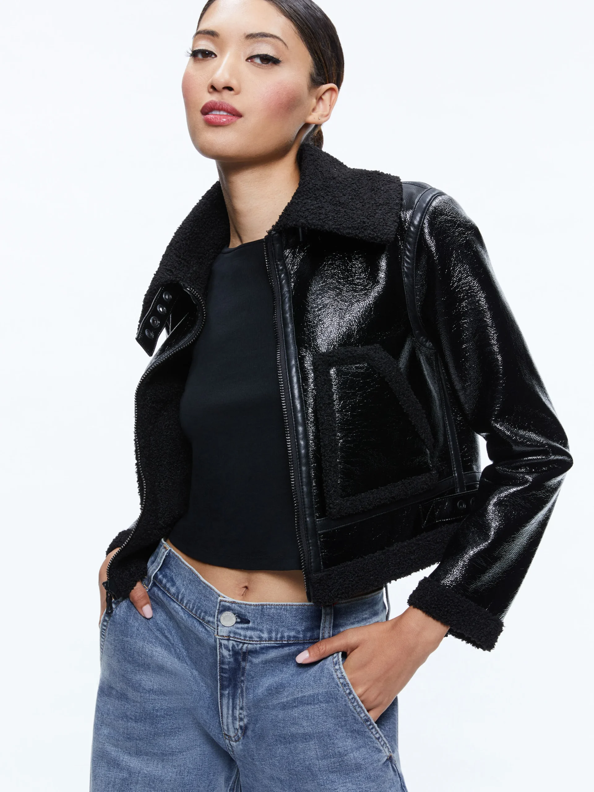 ISAIAH VEGAN LEATHER FAUX SHEARLING CROPPED JACKET