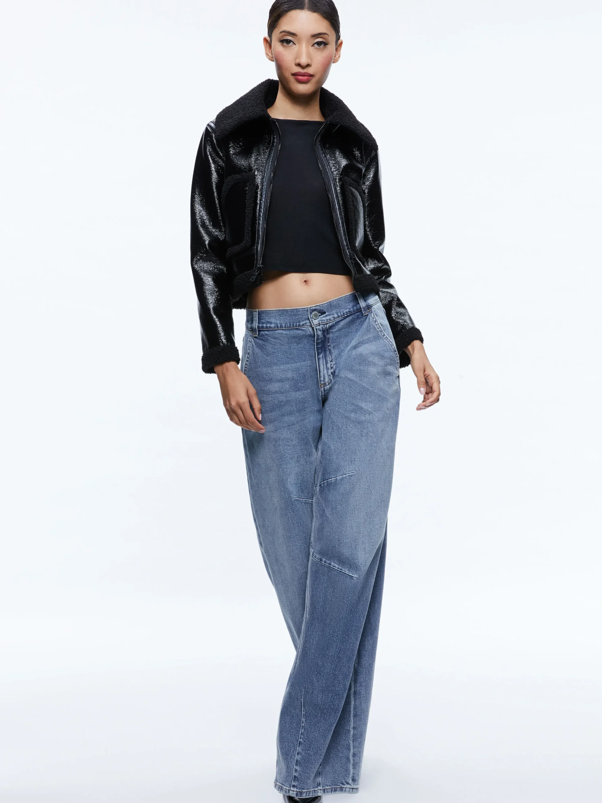 ISAIAH VEGAN LEATHER FAUX SHEARLING CROPPED JACKET