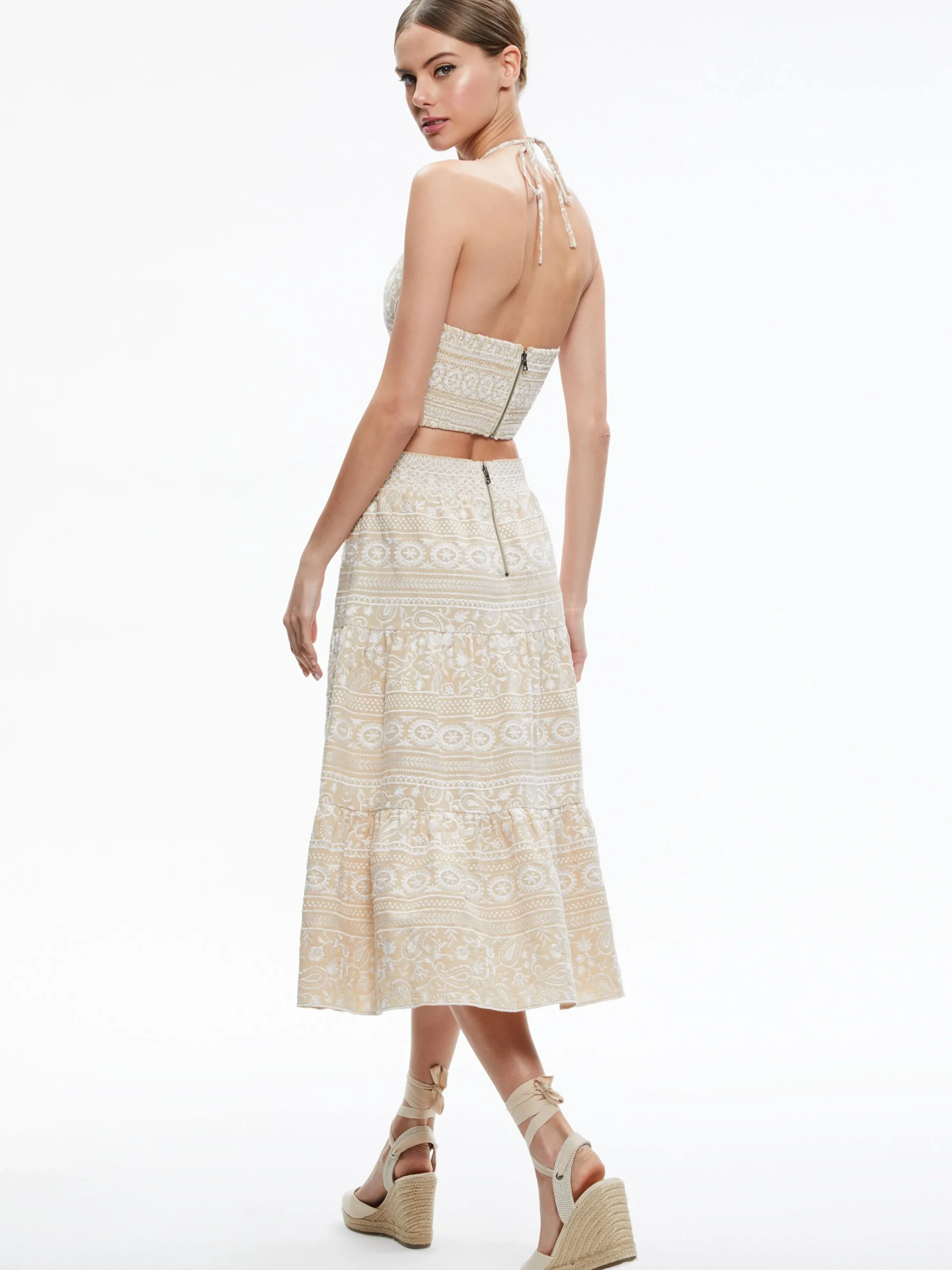 JAYMEE TIE NECK CROPPED HALTER TOP + REISE TIERED MIDI SKIRT