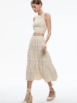JAYMEE TIE NECK CROPPED HALTER TOP + REISE TIERED MIDI SKIRT