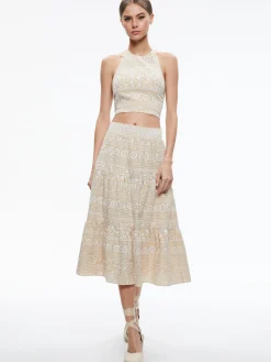JAYMEE TIE NECK CROPPED HALTER TOP + REISE TIERED MIDI SKIRT