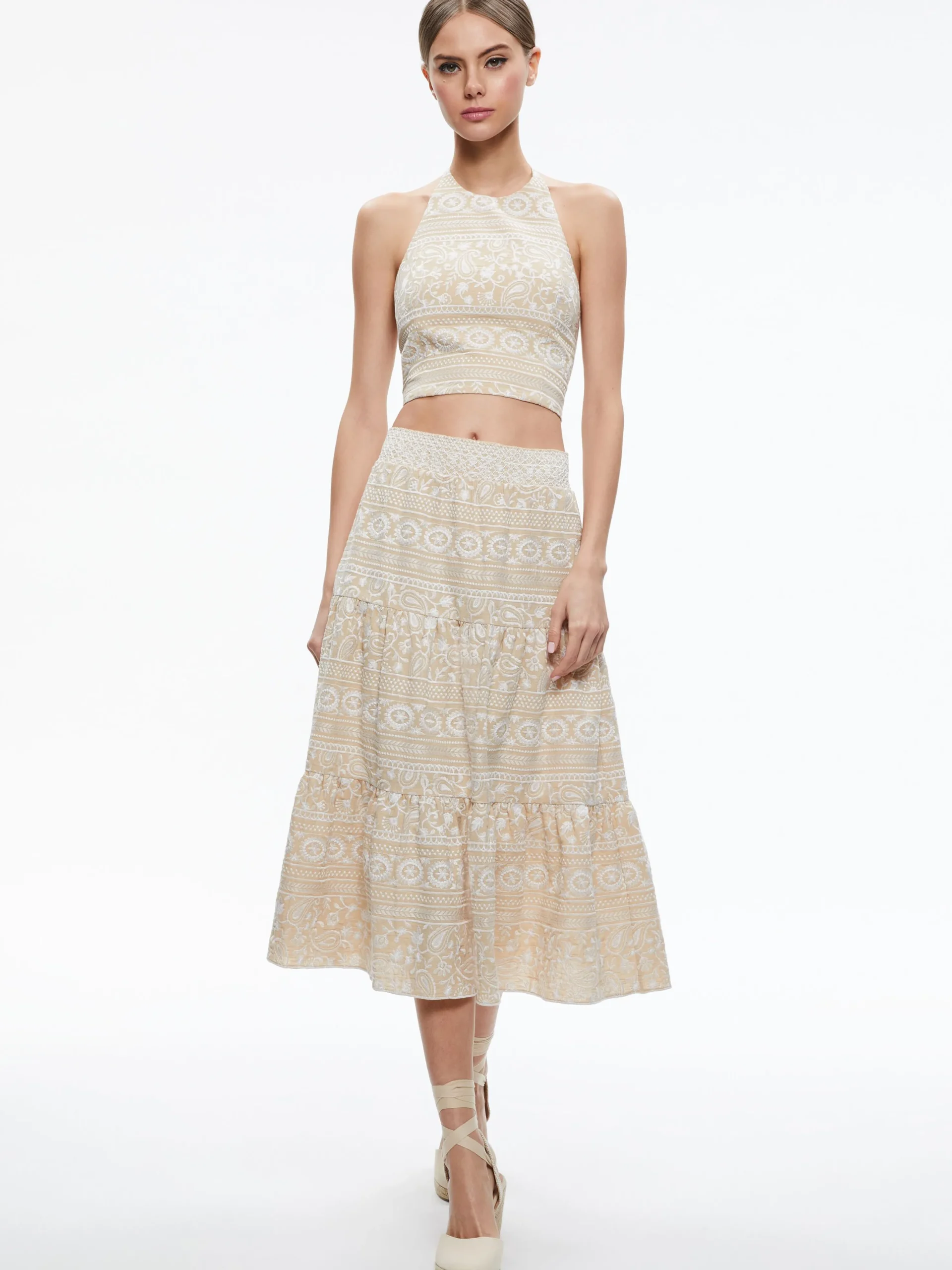 JAYMEE TIE NECK CROPPED HALTER TOP + REISE TIERED MIDI SKIRT