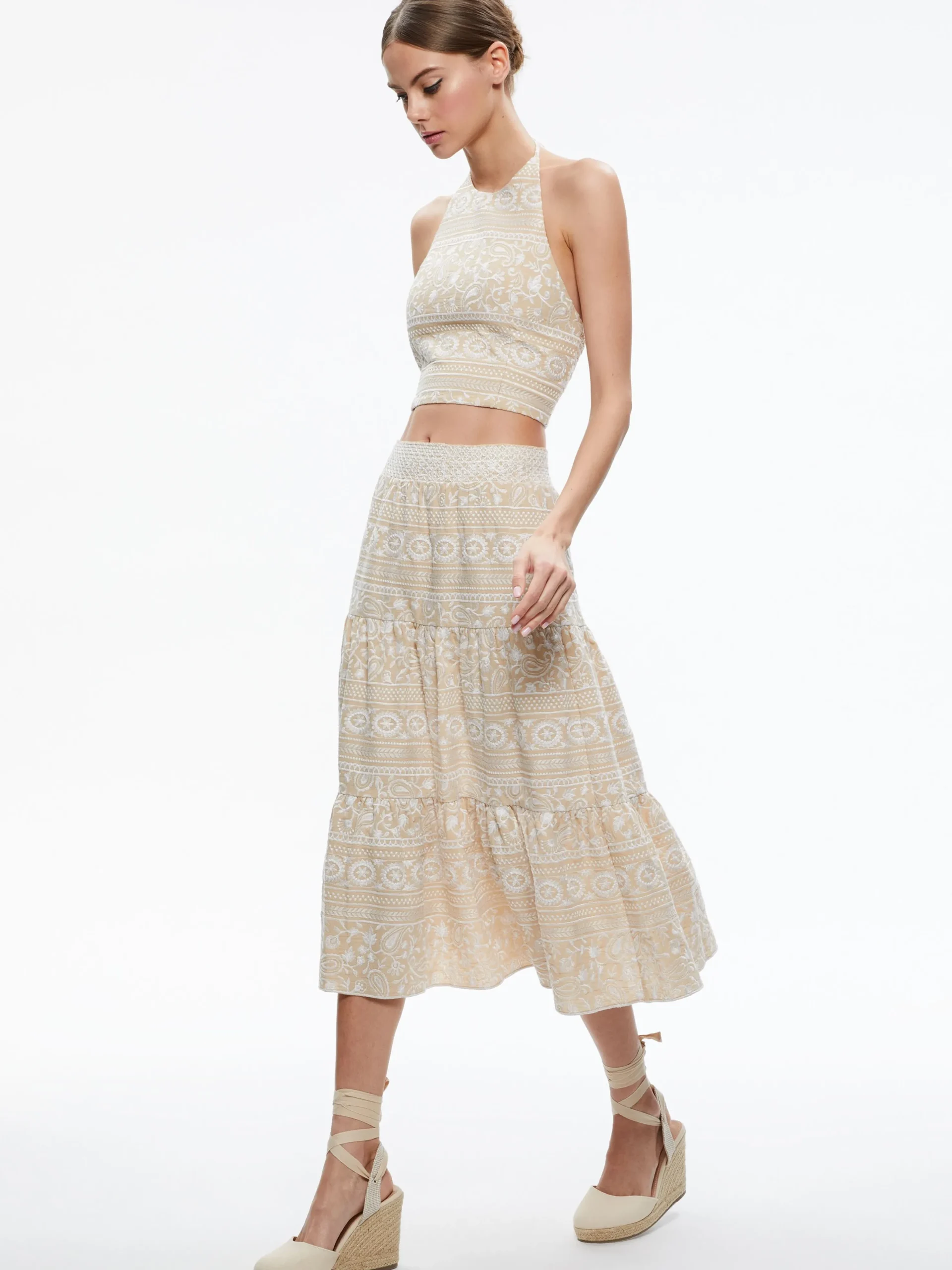 JAYMEE TIE NECK CROPPED HALTER TOP + REISE TIERED MIDI SKIRT
