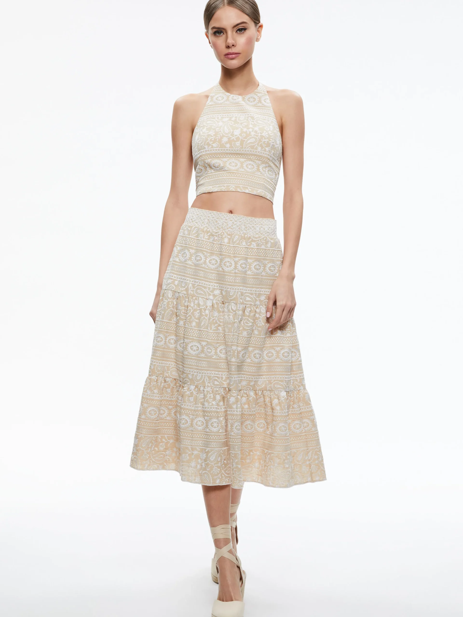 JAYMEE TIE NECK CROPPED HALTER TOP + REISE TIERED MIDI SKIRT