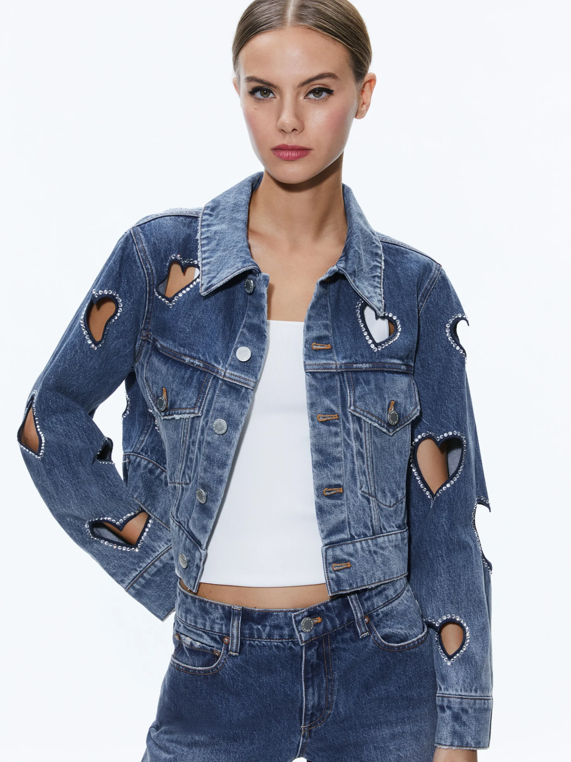 JEFF HEART EMBELLISHED CROPPED DENIM JACKET + KARRIE EMBELLISHED HEART JEAN