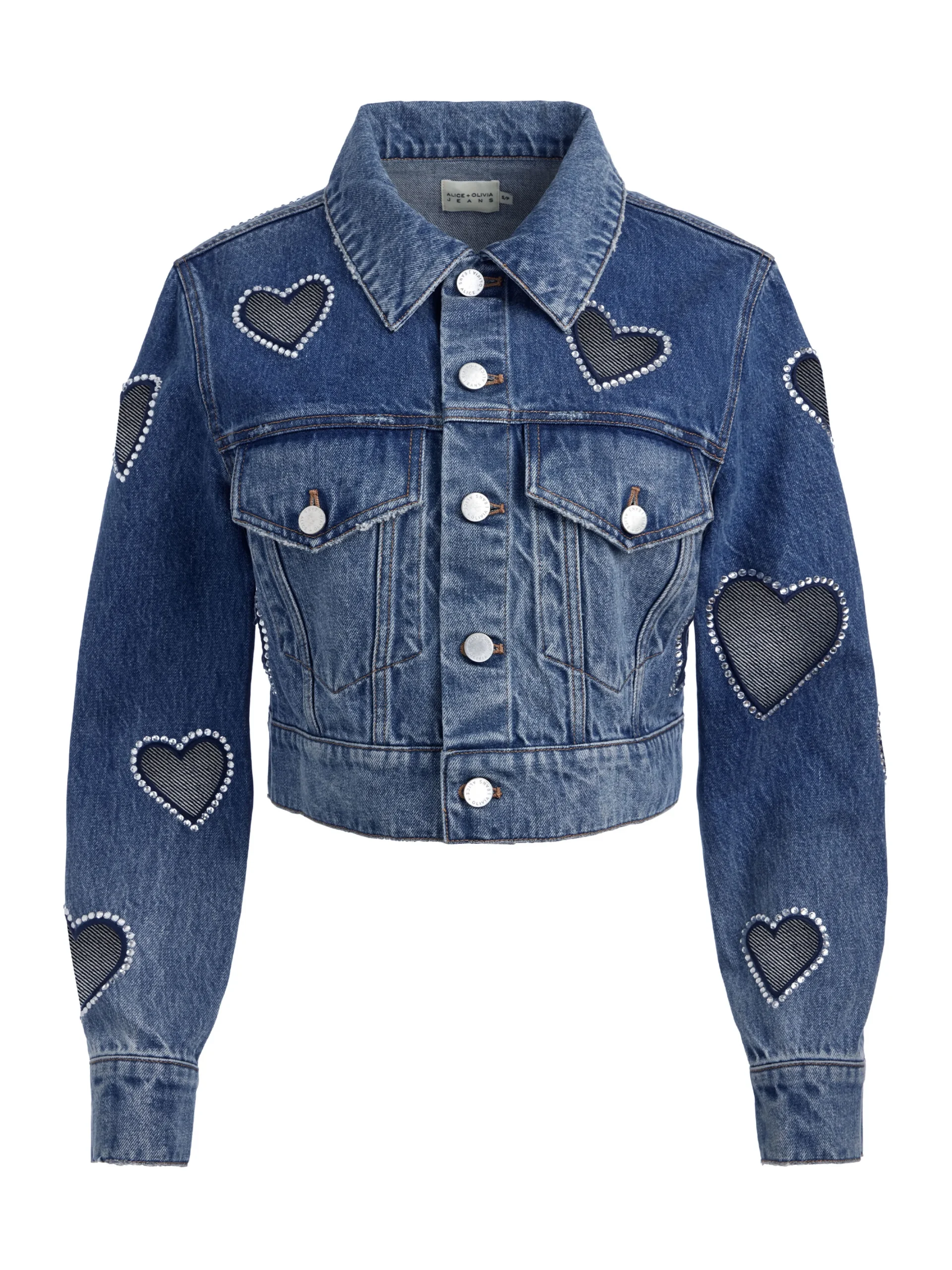 JEFF HEART EMBELLISHED CROPPED DENIM JACKET + KARRIE EMBELLISHED HEART JEAN
