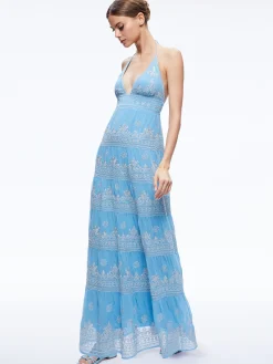 KAROLINA EMBROIDERED HALTER NECK MAXI DRESS