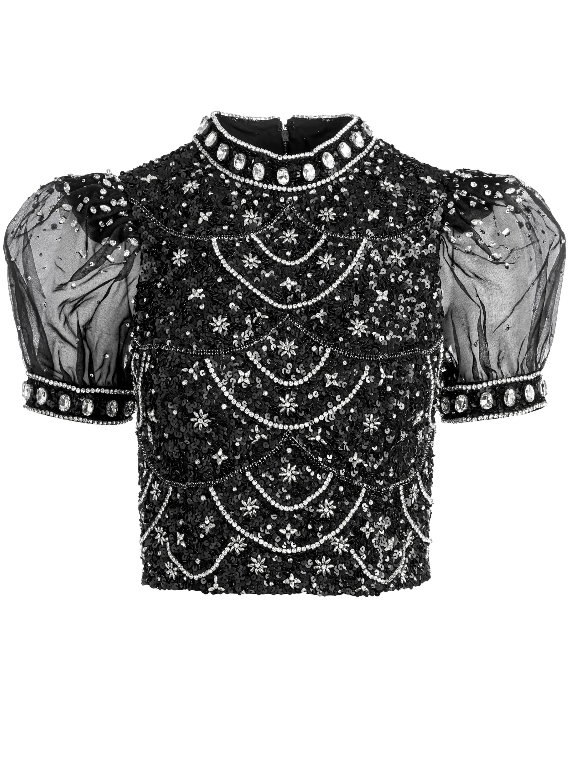 KRISTINA EMBELLISHED PUFF SLEEVE CROP TOP