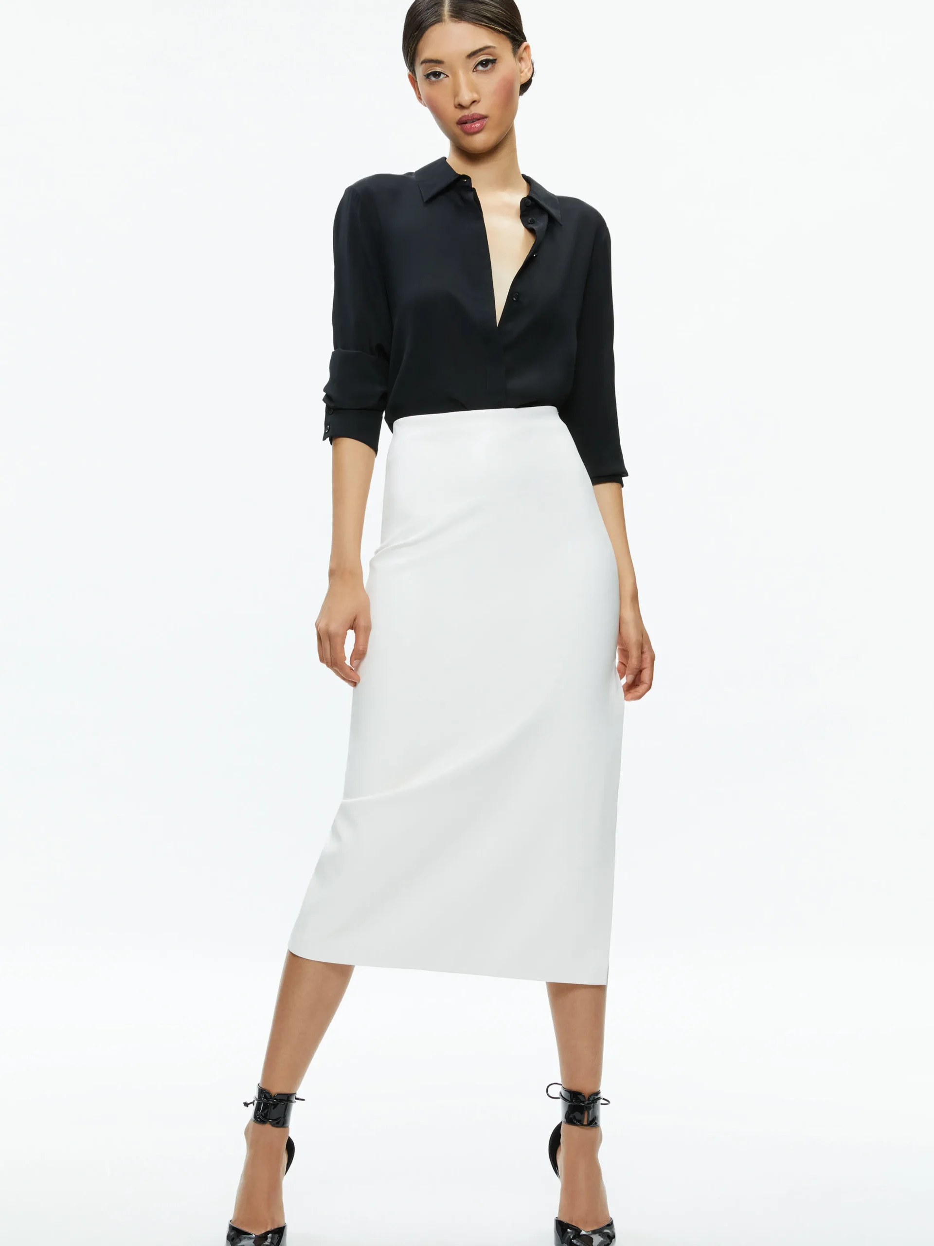 MAEVE VEGAN LEATHER MIDI SKIRT
