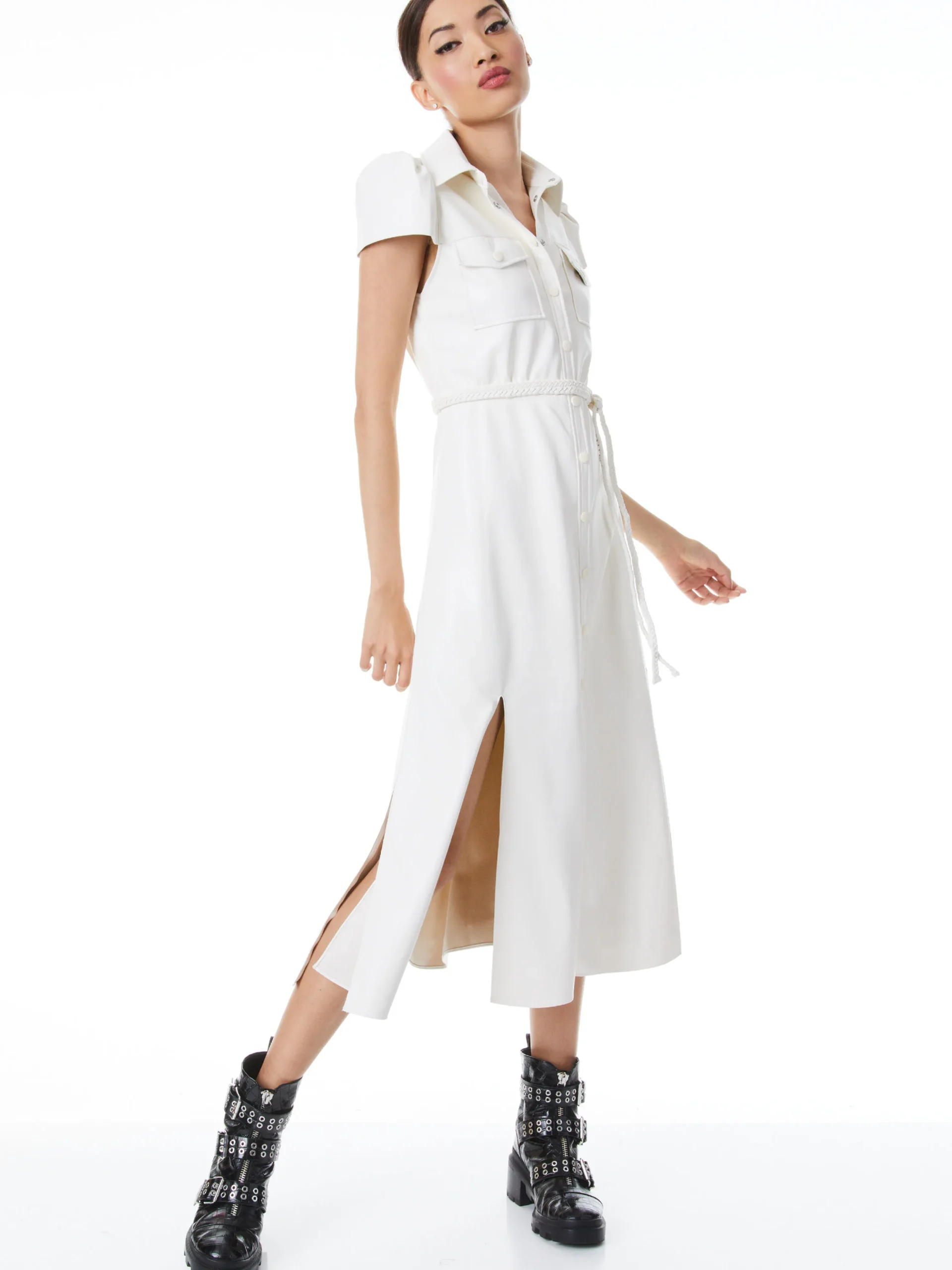 MIRANDA SHORT SLEEVE VEGAN LEATHER MIDI DRESS