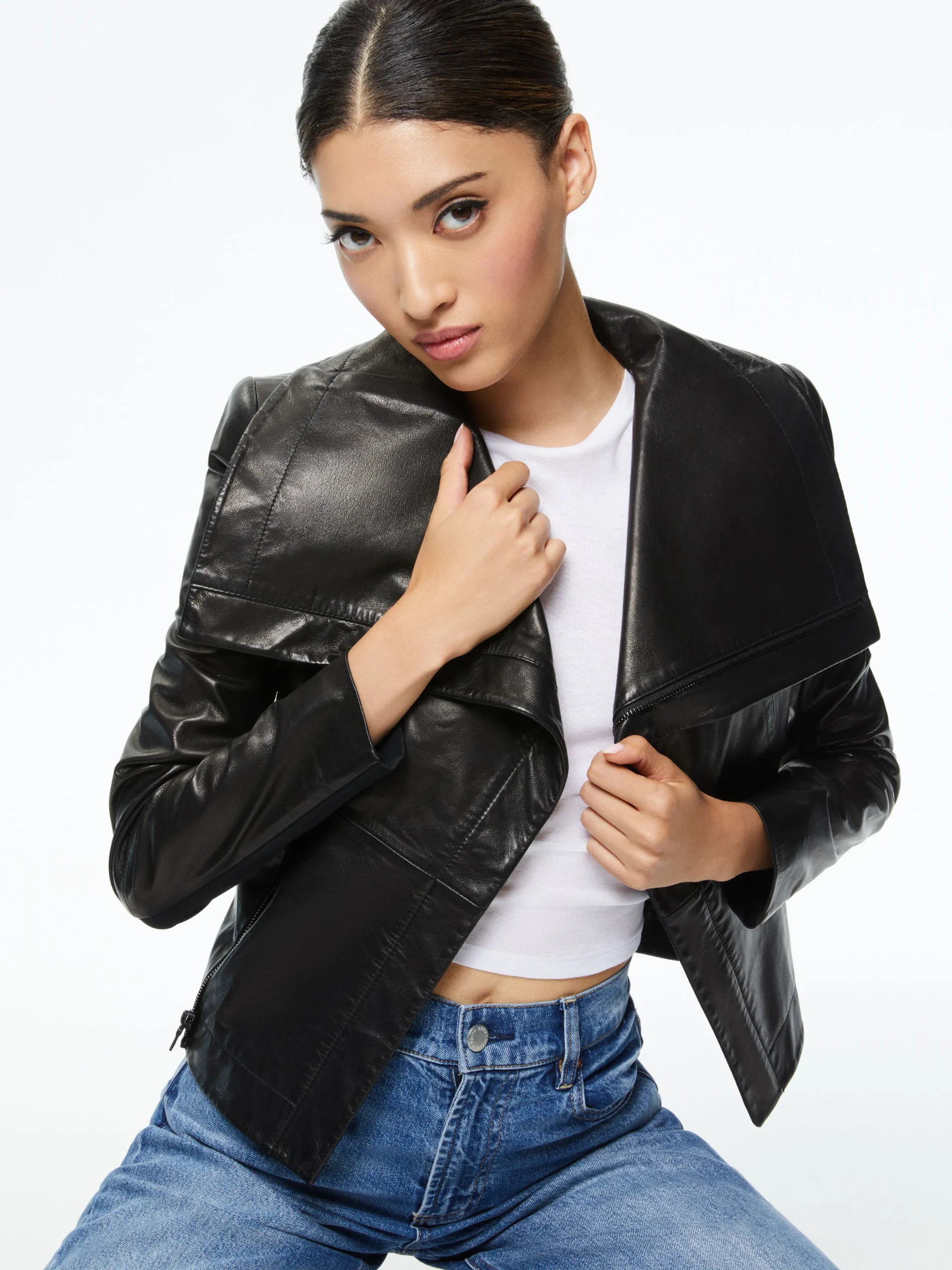 NITA LEATHER DRAPE FRONT JACKET