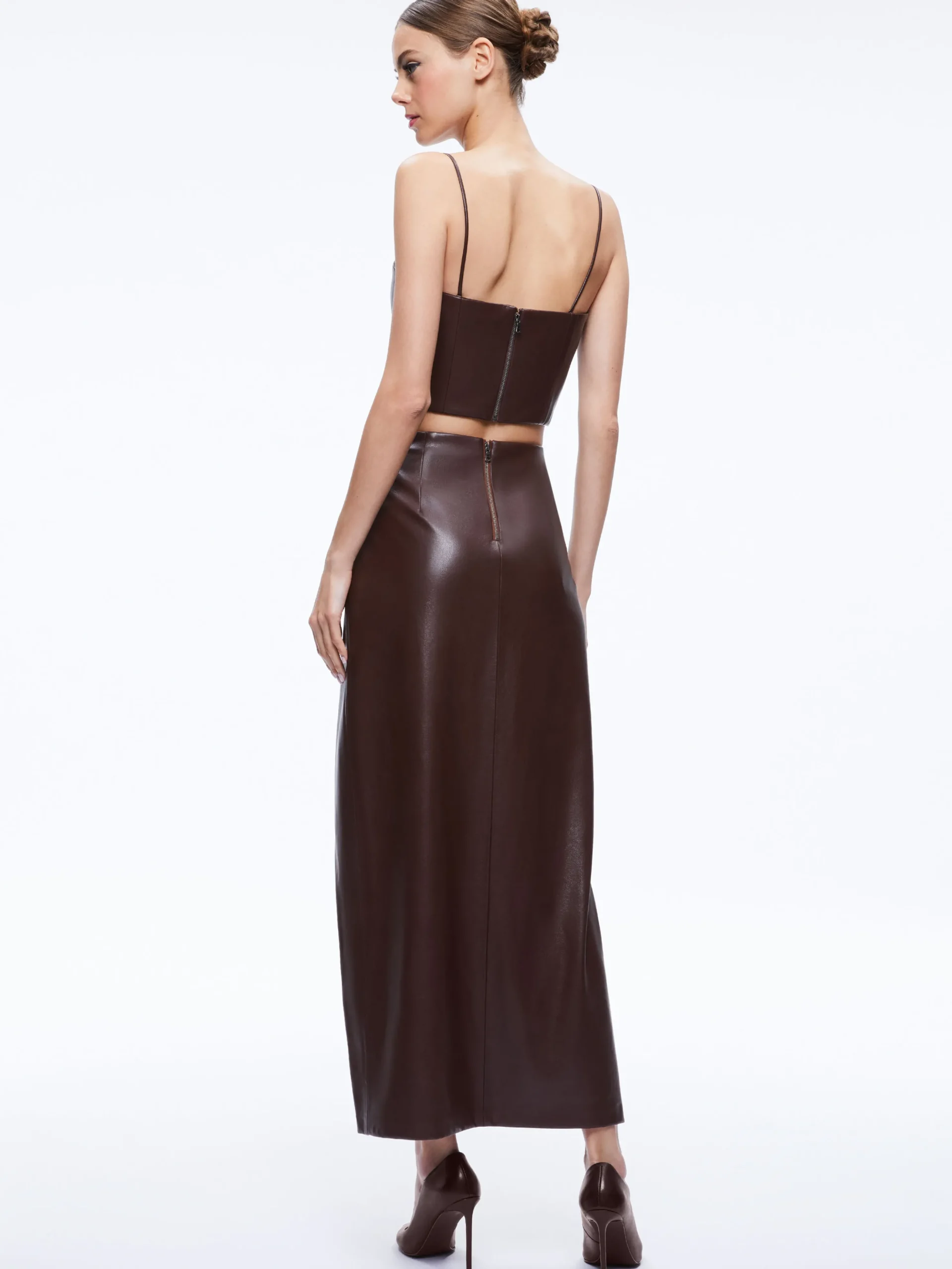 PEARLE VEGAN LEATHER BUSTIER TOP + SIOBHAN VEGAN LEATHER MAXI SKIRT