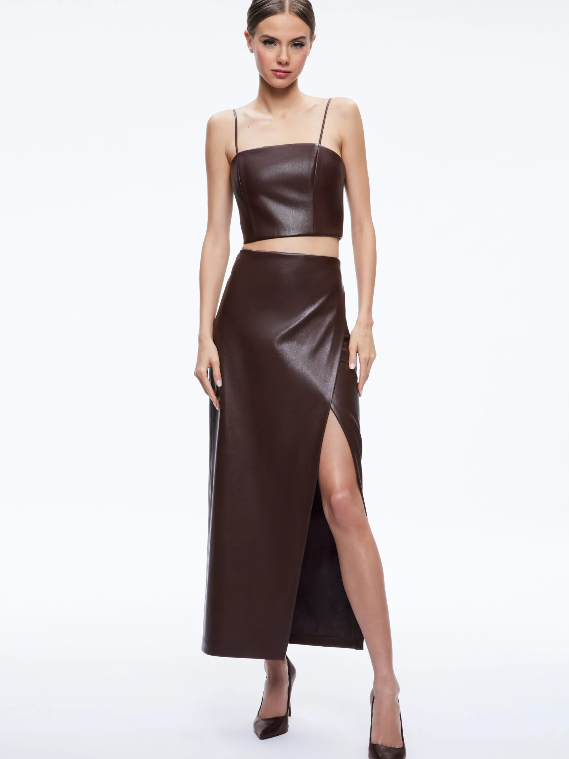 PEARLE VEGAN LEATHER BUSTIER TOP + SIOBHAN VEGAN LEATHER MAXI SKIRT