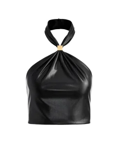 SADE VEGAN LEATHER HALTER NECK CROP TOP