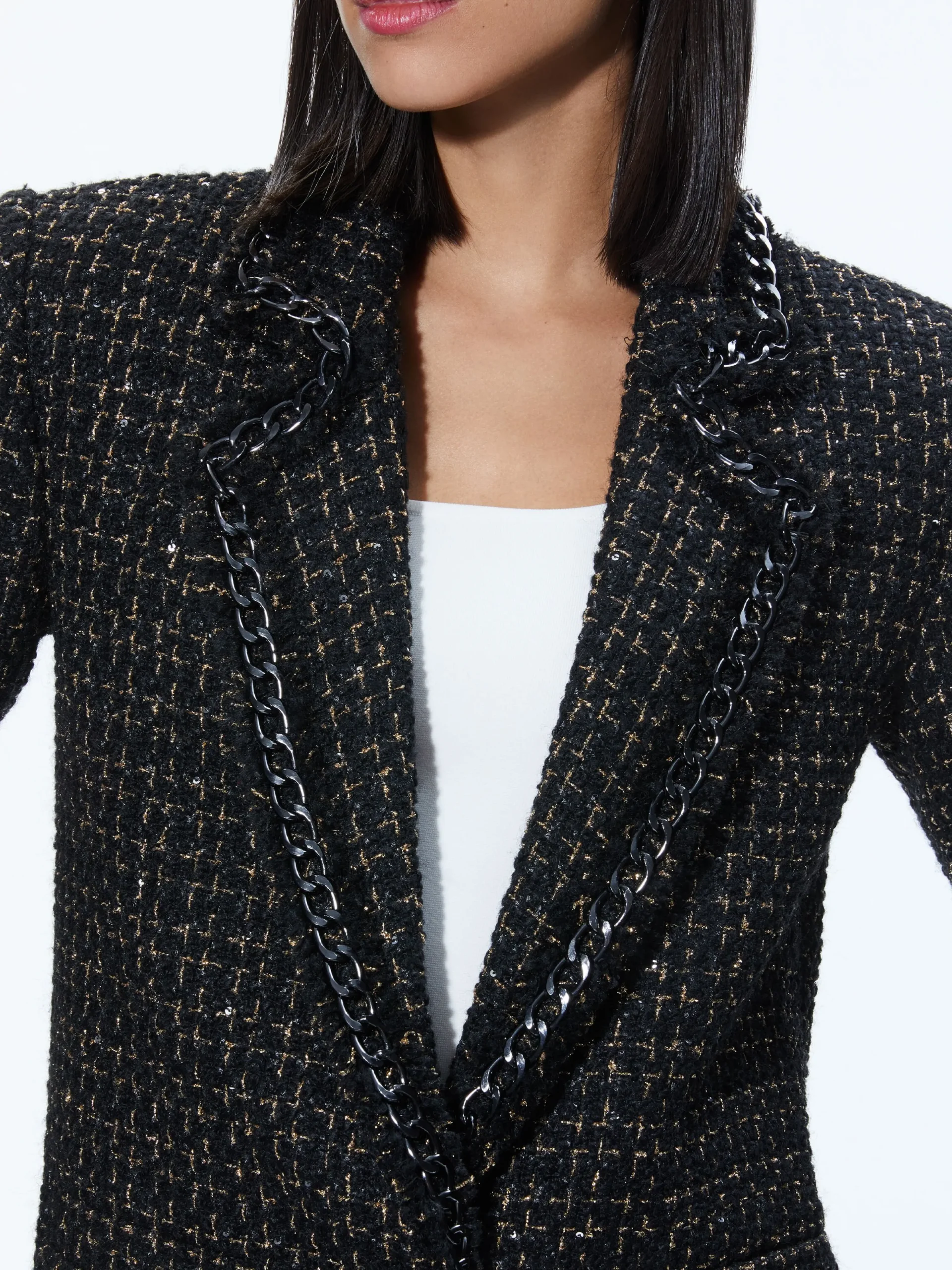 SHAN TWEED CHAIN TRIM BLAZER + JALEN CHAIN MINI SKIRT