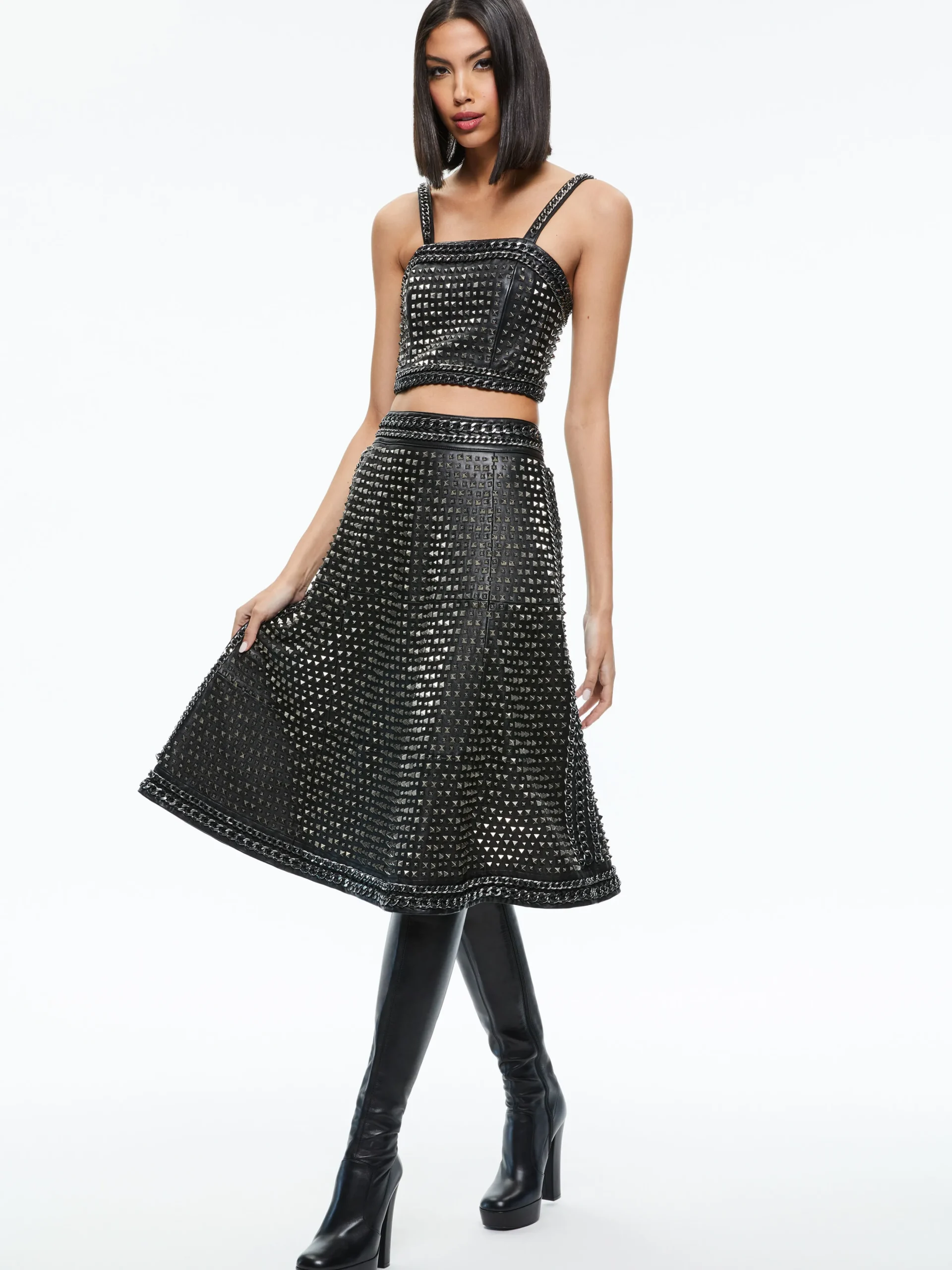 SOSIE STUDDED LEATHER MIDI SKIRT