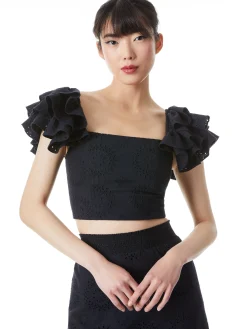 TAWNY EYELET SQUARE NECK RUFFLE CROP TOP