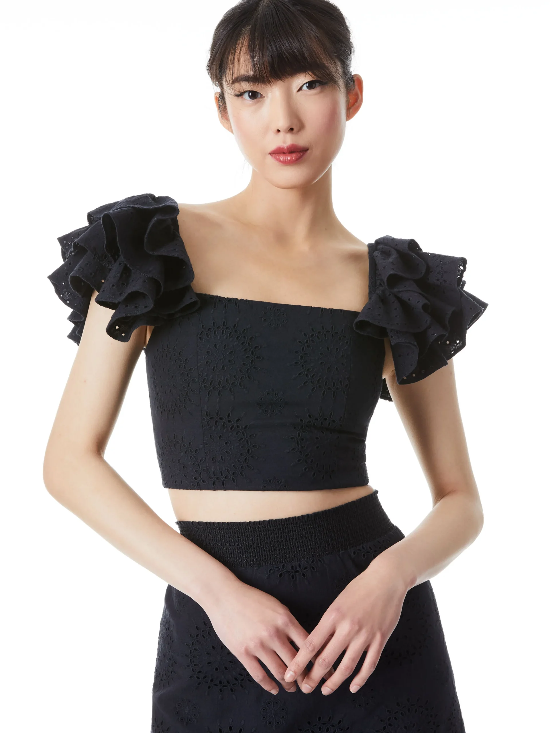 TAWNY EYELET SQUARE NECK RUFFLE CROP TOP