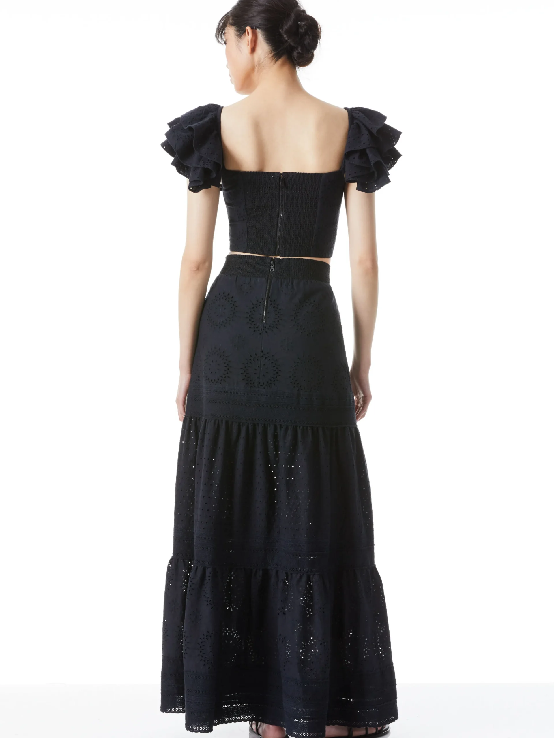 TAWNY EYELET SQUARE NECK RUFFLE CROP TOP