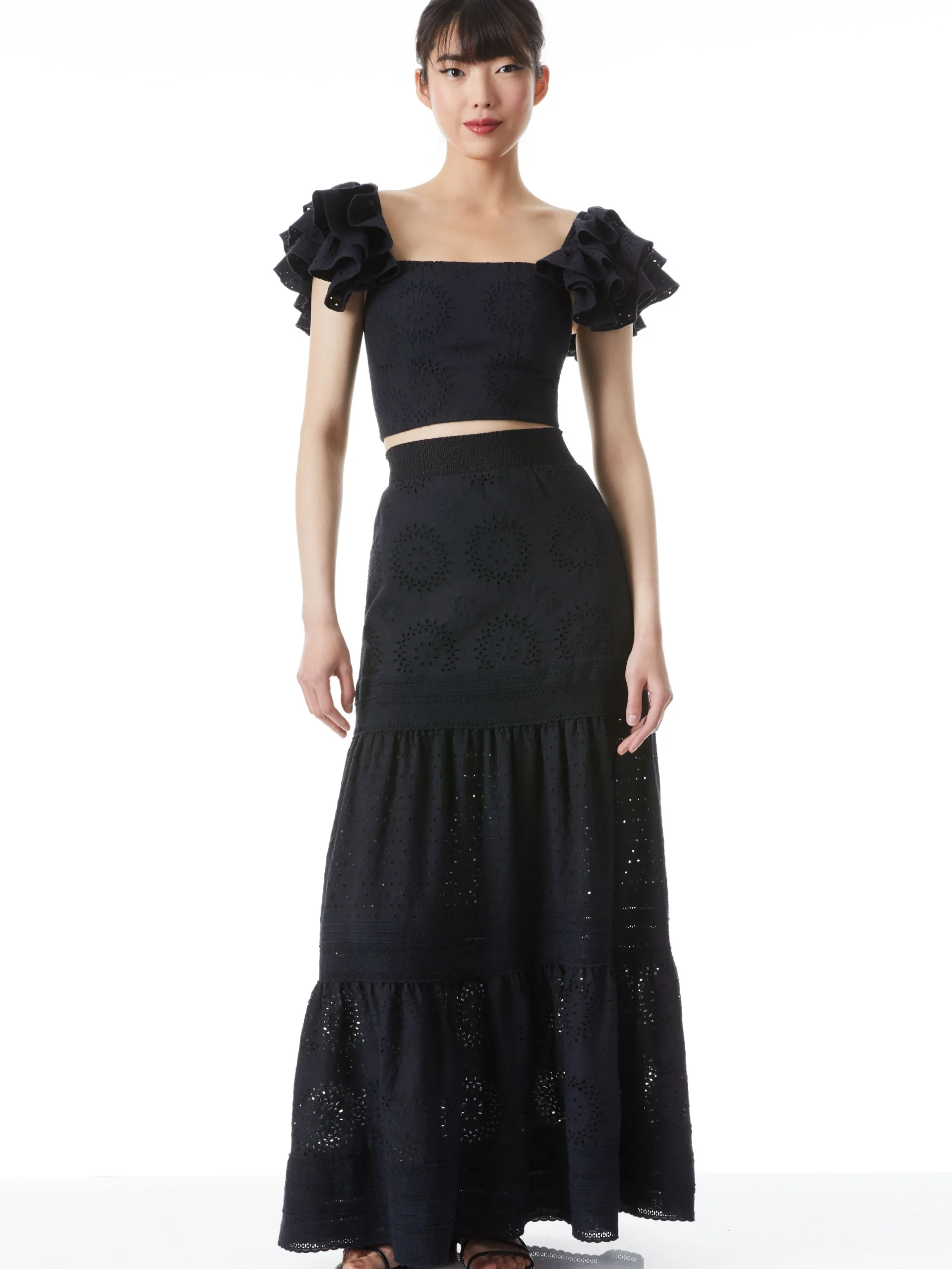 TAWNY EYELET SQUARE NECK RUFFLE CROP TOP