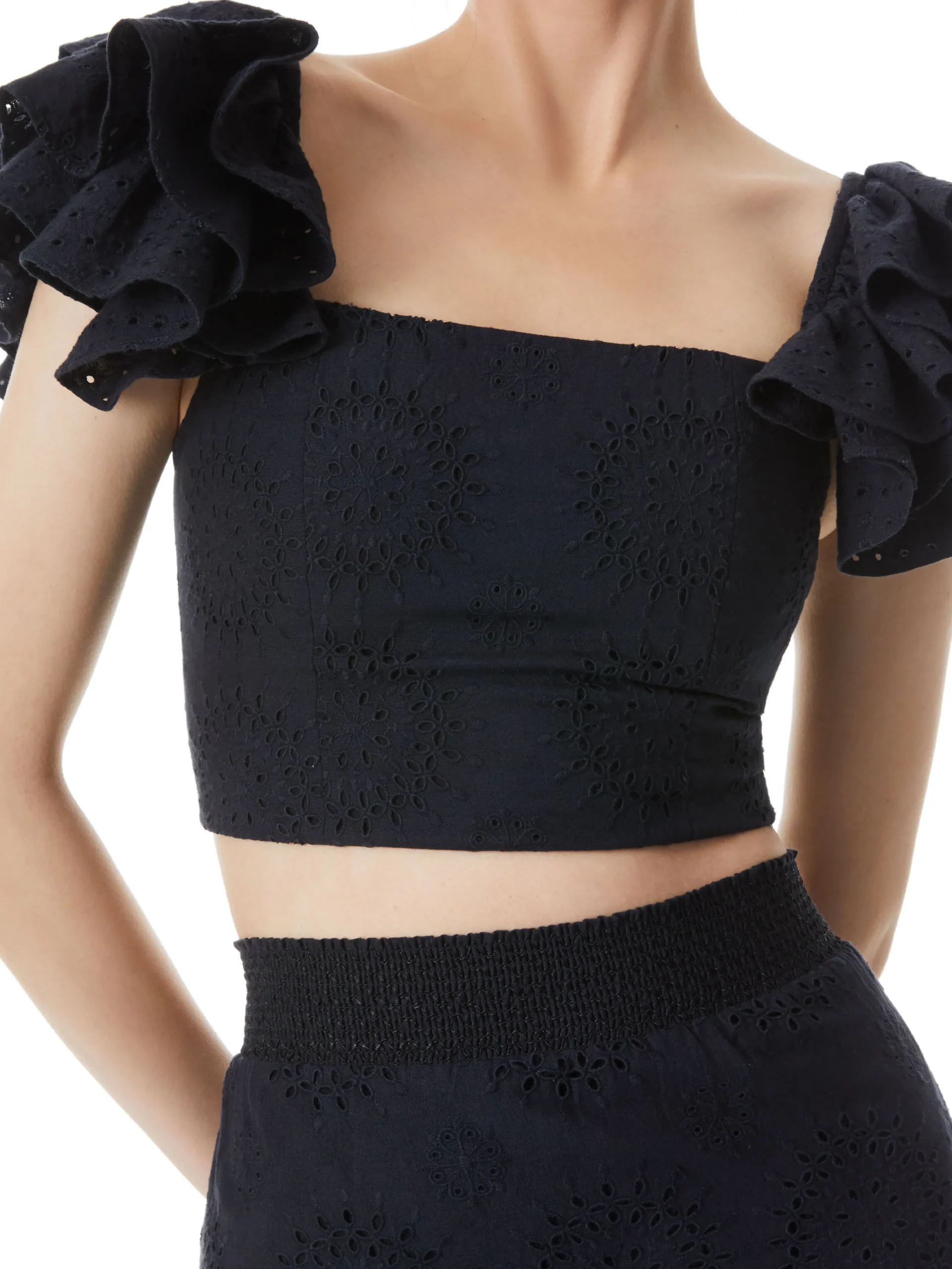 TAWNY EYELET SQUARE NECK RUFFLE CROP TOP