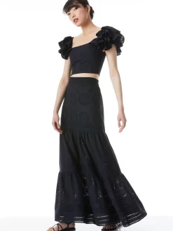 TAWNY EYELET SQUARE NECK RUFFLE CROP TOP