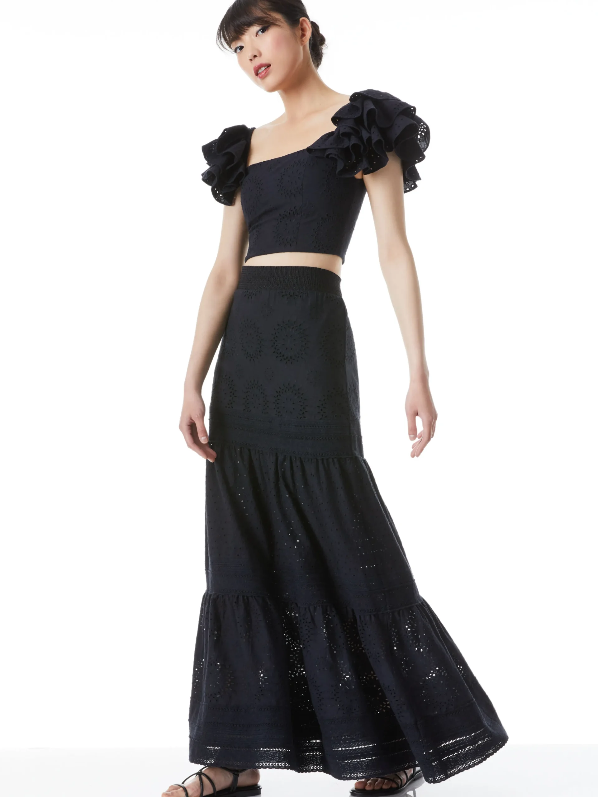 TAWNY EYELET SQUARE NECK RUFFLE CROP TOP