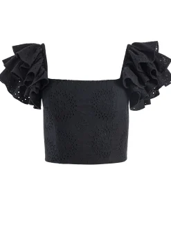 TAWNY EYELET SQUARE NECK RUFFLE CROP TOP