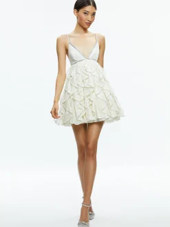 WILMARIE EMBELLISHED LACE RUFFLE MINI GOWN