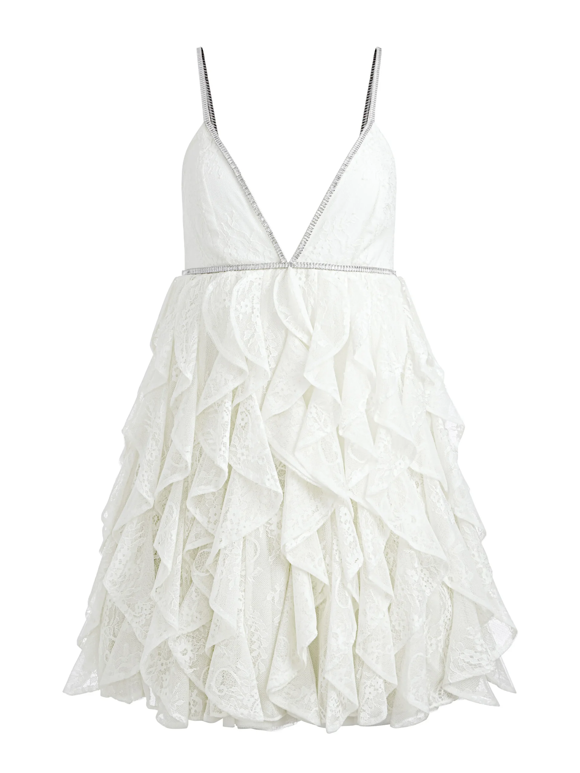 WILMARIE EMBELLISHED LACE RUFFLE MINI GOWN